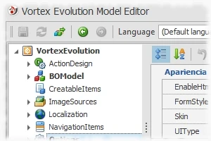 Editor del modelo de Vortex Evolution con el árbol de entidades y sus propiedades de apariencia.