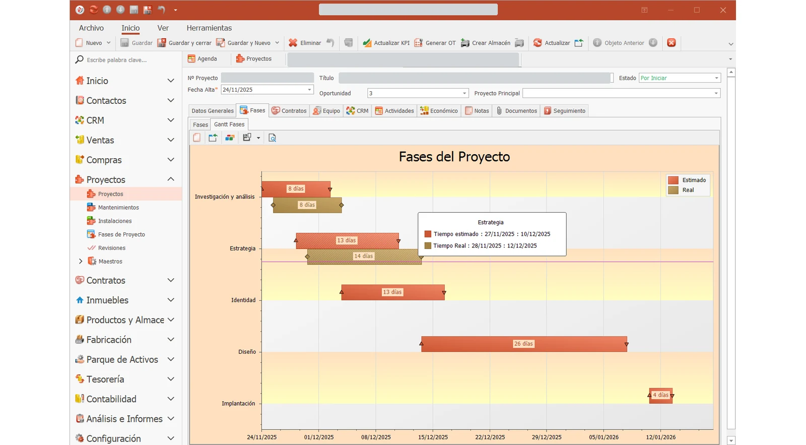 Vortex ERP de escritorio: planificación de las fases del mismo proyecto en un diagrama de Gantt. Datos identificativos ocultos.