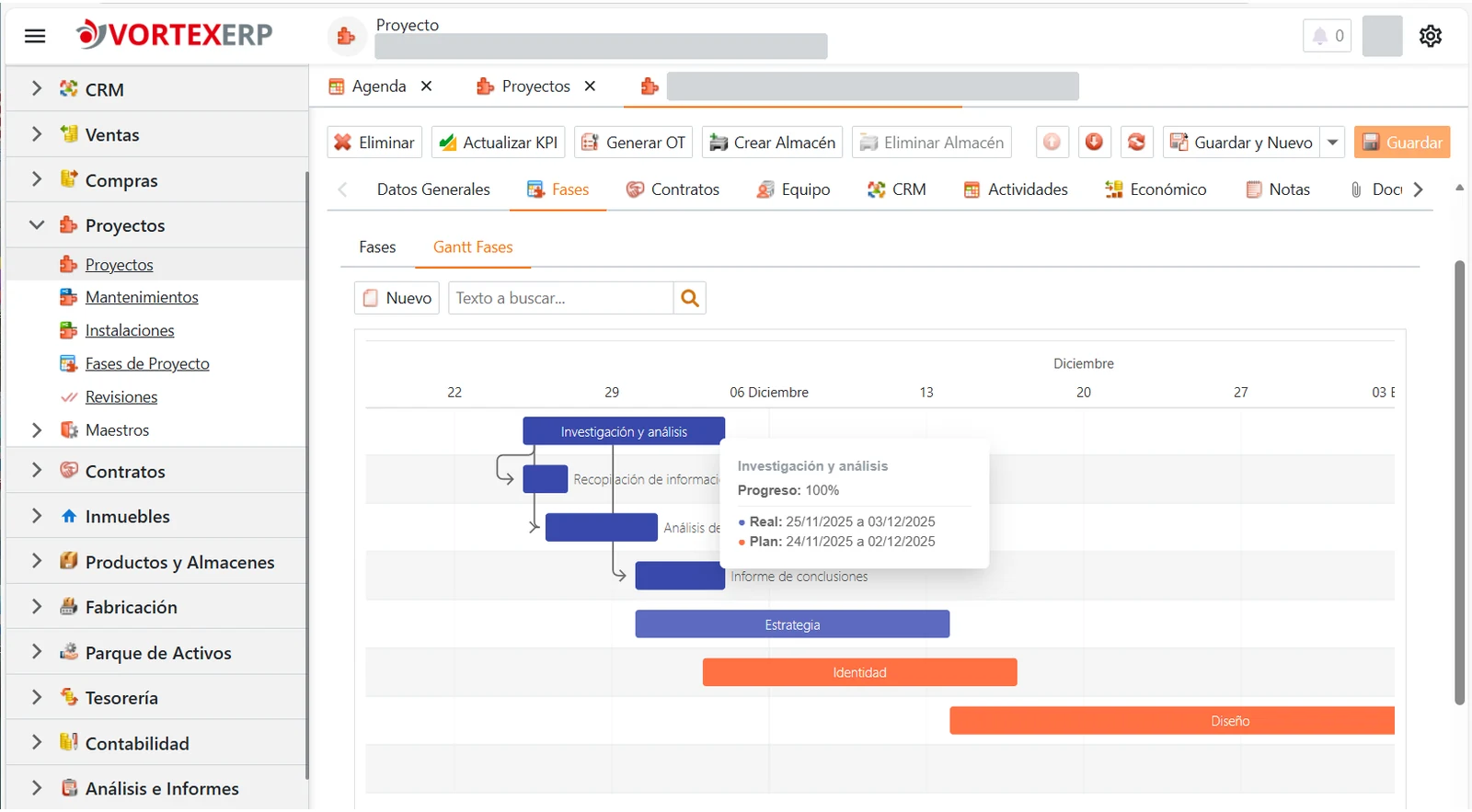 Vortex Online: diagrama de Gantt para las fases de un proyecto, con datos identificativos ocultos.